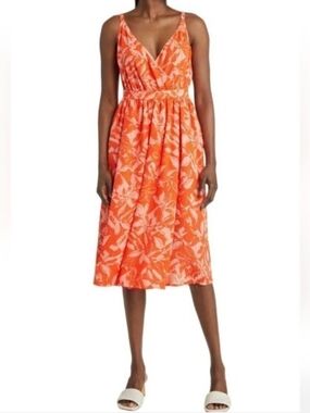 Chelsea28 Orange and Cream Floral Wrap-Front Midi Dress
